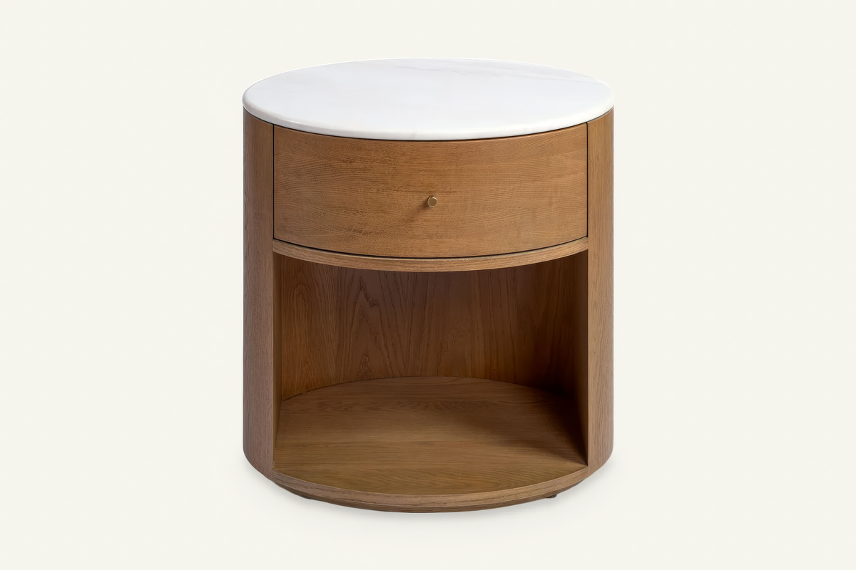 The Ostuni Oak and Stone Bedside Table, front view