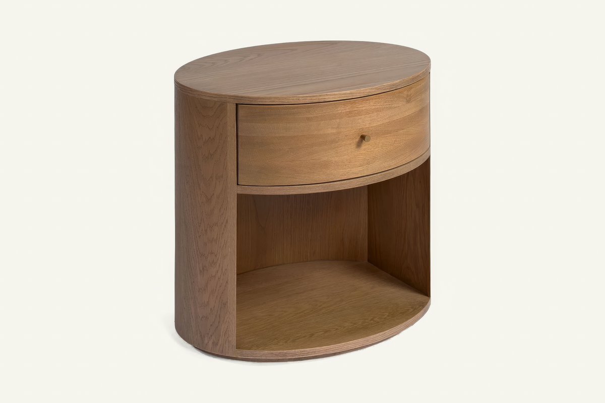 The Ostuni Oak Bedside Table, angled view