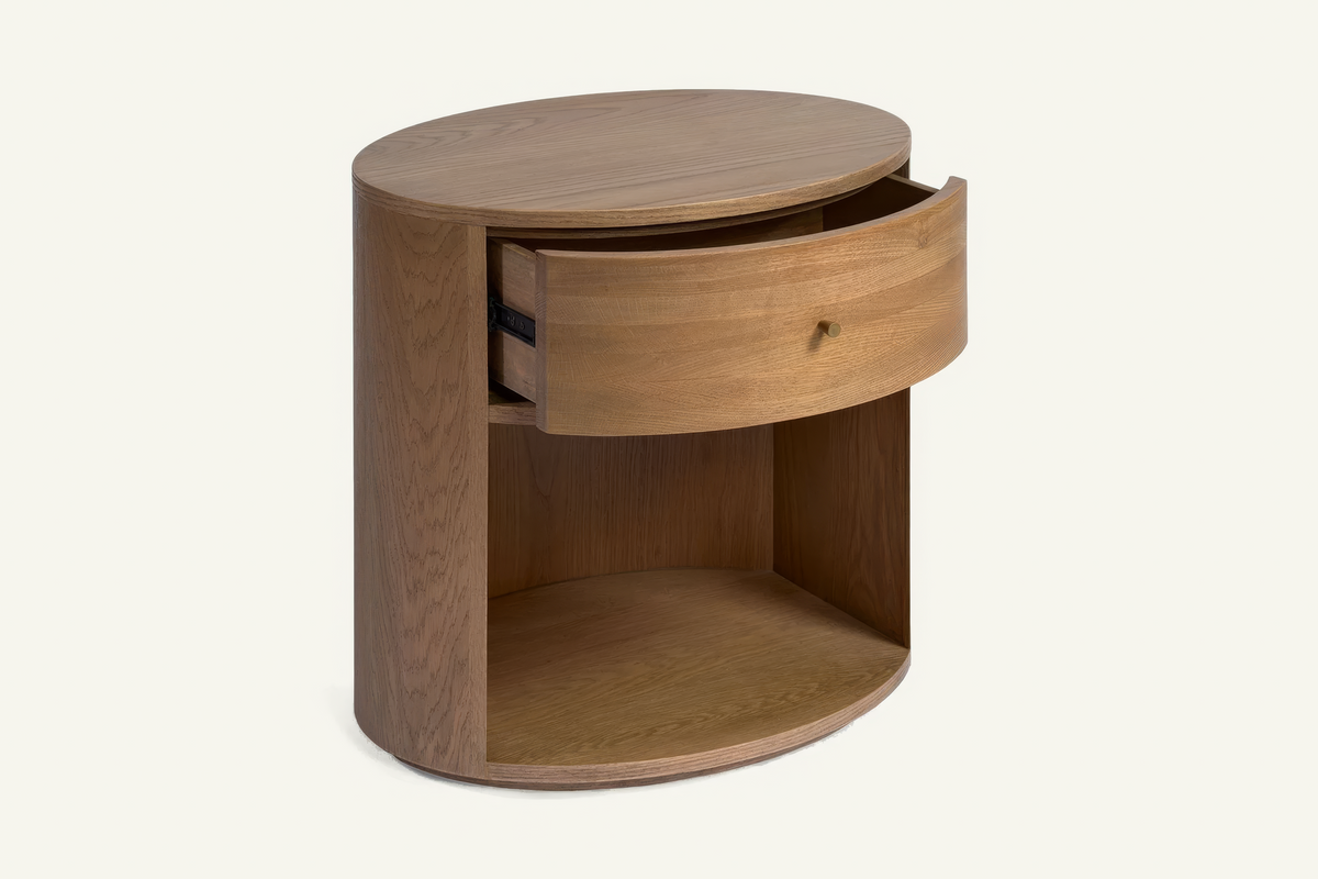 The Ostuni Oak Bedside Table with the drawer open