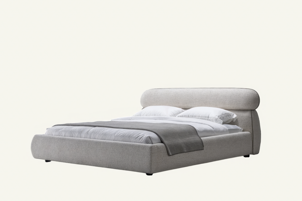 The Positano Bed in oatmeal textured weave, angled view