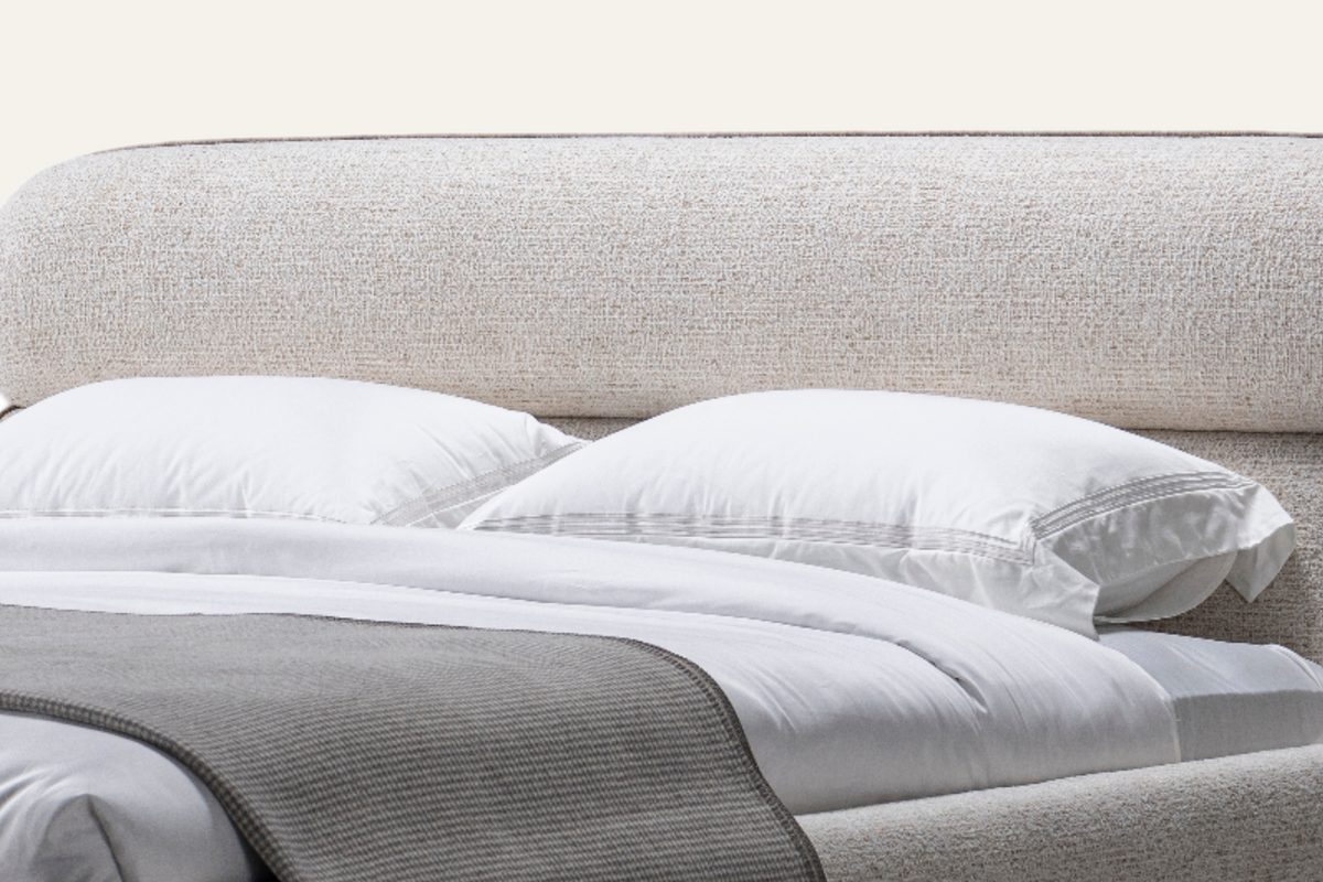The Positano Bed headboard in oatmeal textured weave, detail