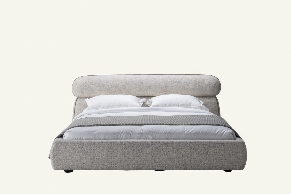 The Positano Bed in oatmeal textured weave, front view