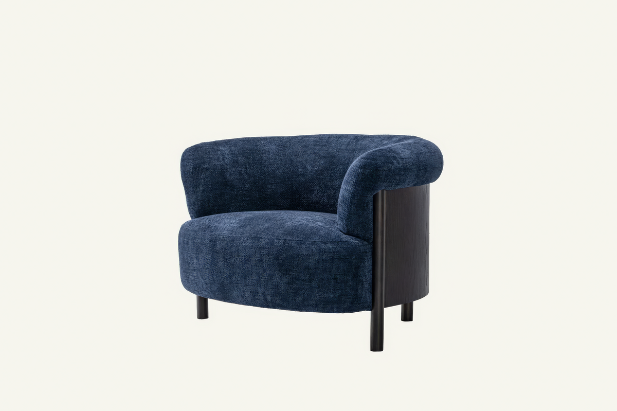 The Ravello Accent Chair in navy chenille, angled view