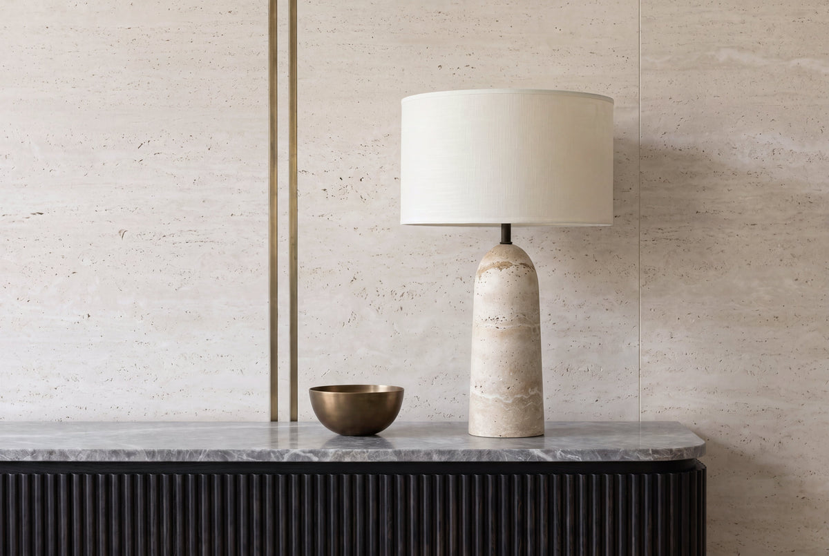 The Rocca Travertine Table Lamp in a room setting