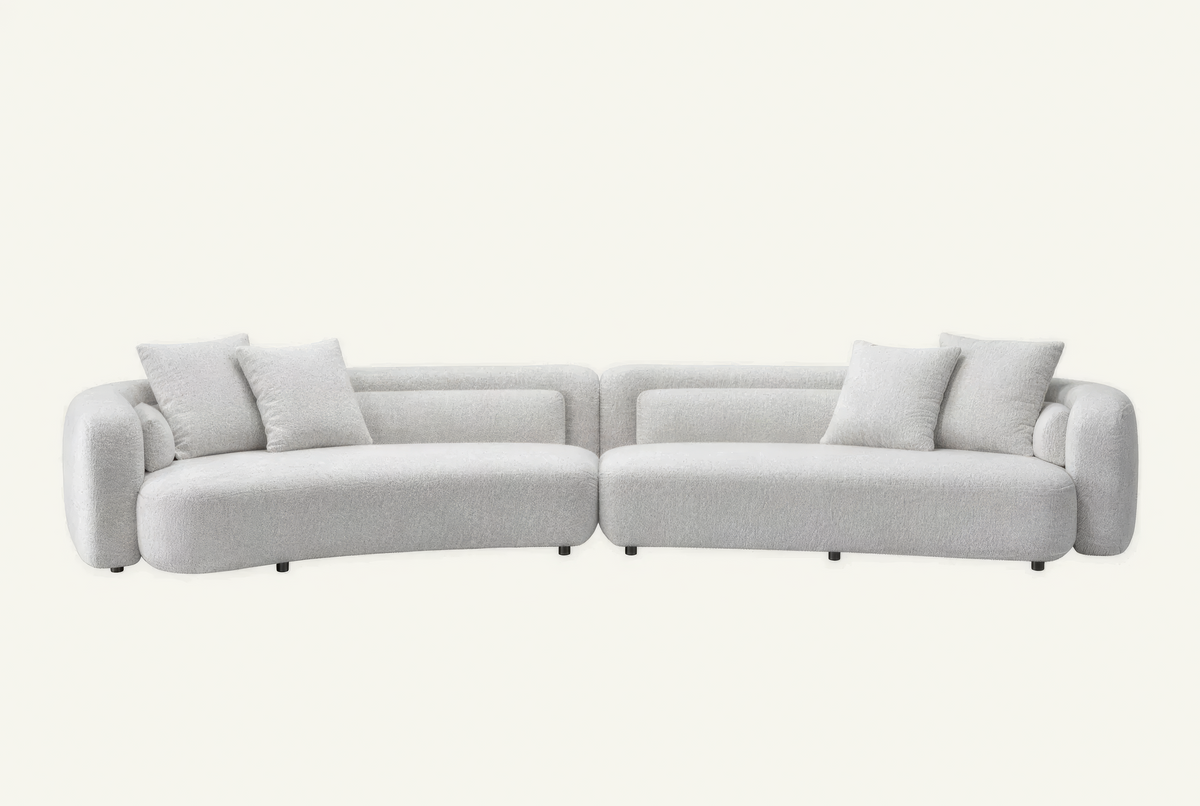 The Sorella Chaise Sofa in ivory bouclé with matching cushions, front view