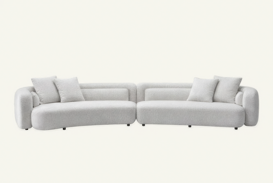 The Sorella Chaise Sofa in ivory bouclé with matching cushions, front view