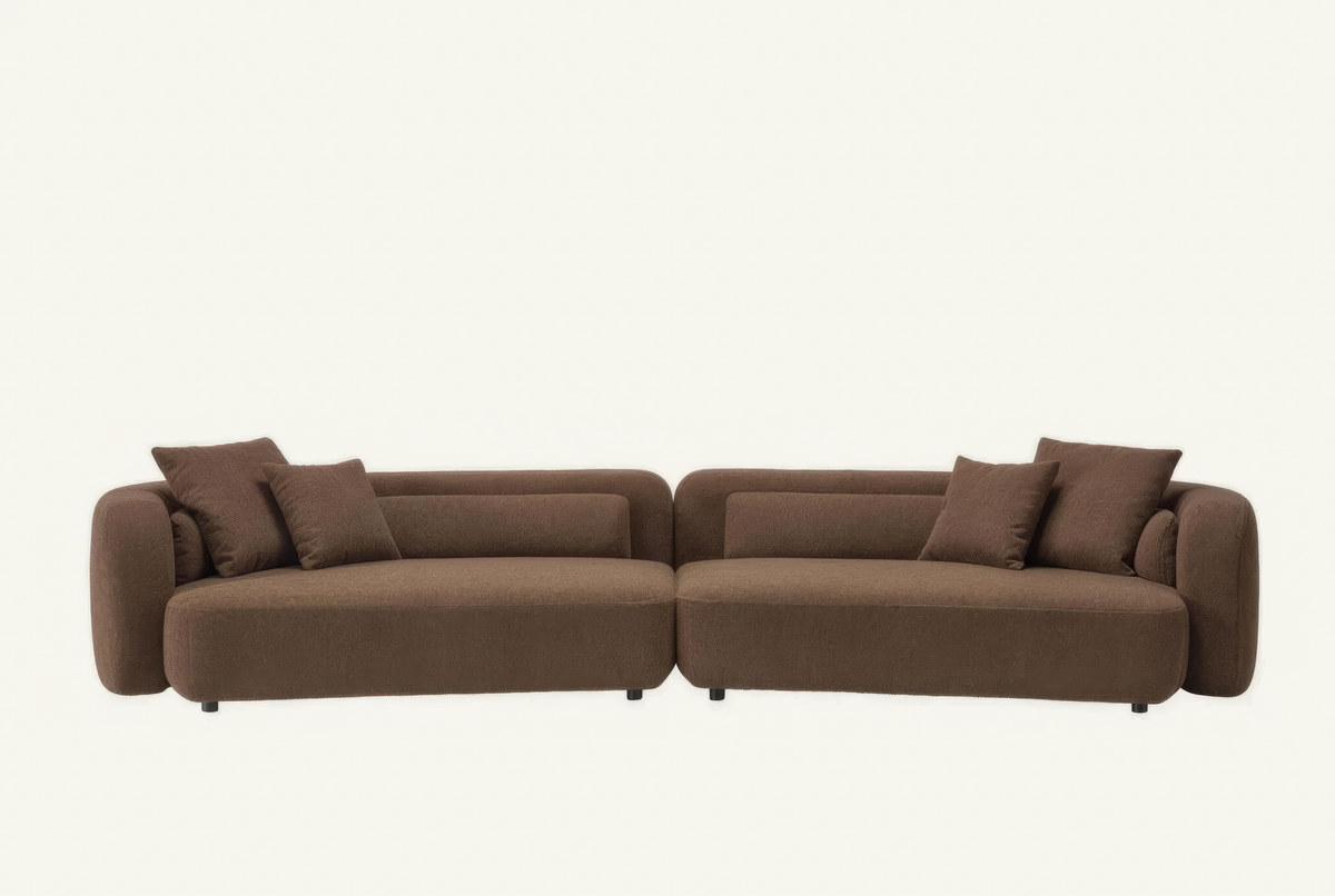 The Sorella Sofa in chocolate-brown bouclé with matching cushions, front view
