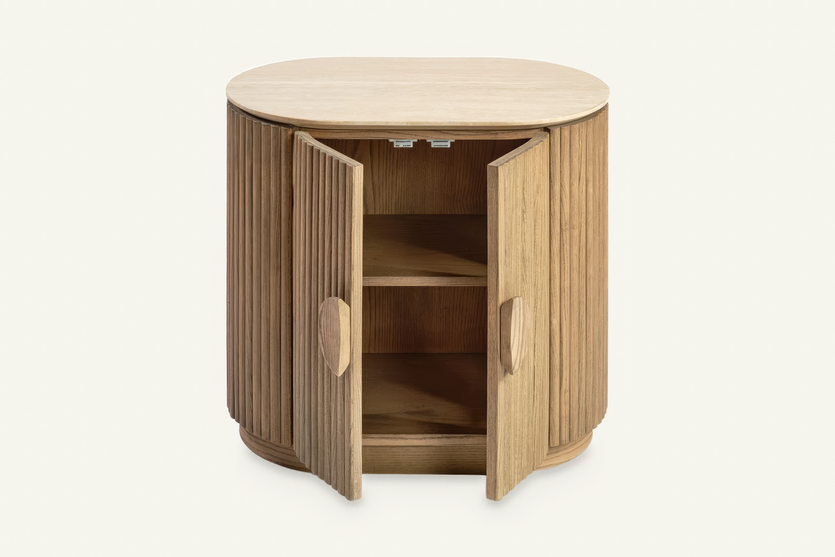 The Spello Fluted Travertine Bedside Cabinet, doors open