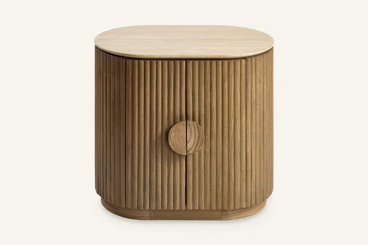 The Spello Fluted Travertine Bedside Cabinet, front view