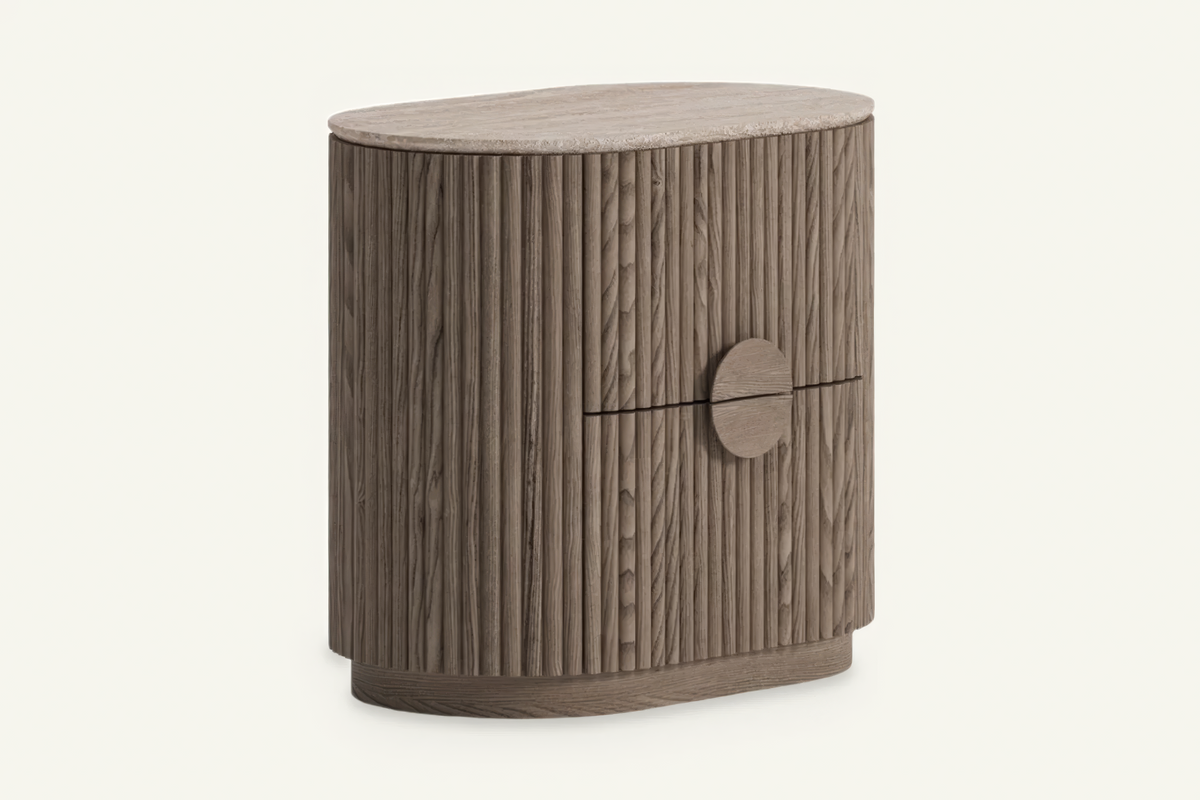 The Spello Fluted Travertine Bedside Table, angled view