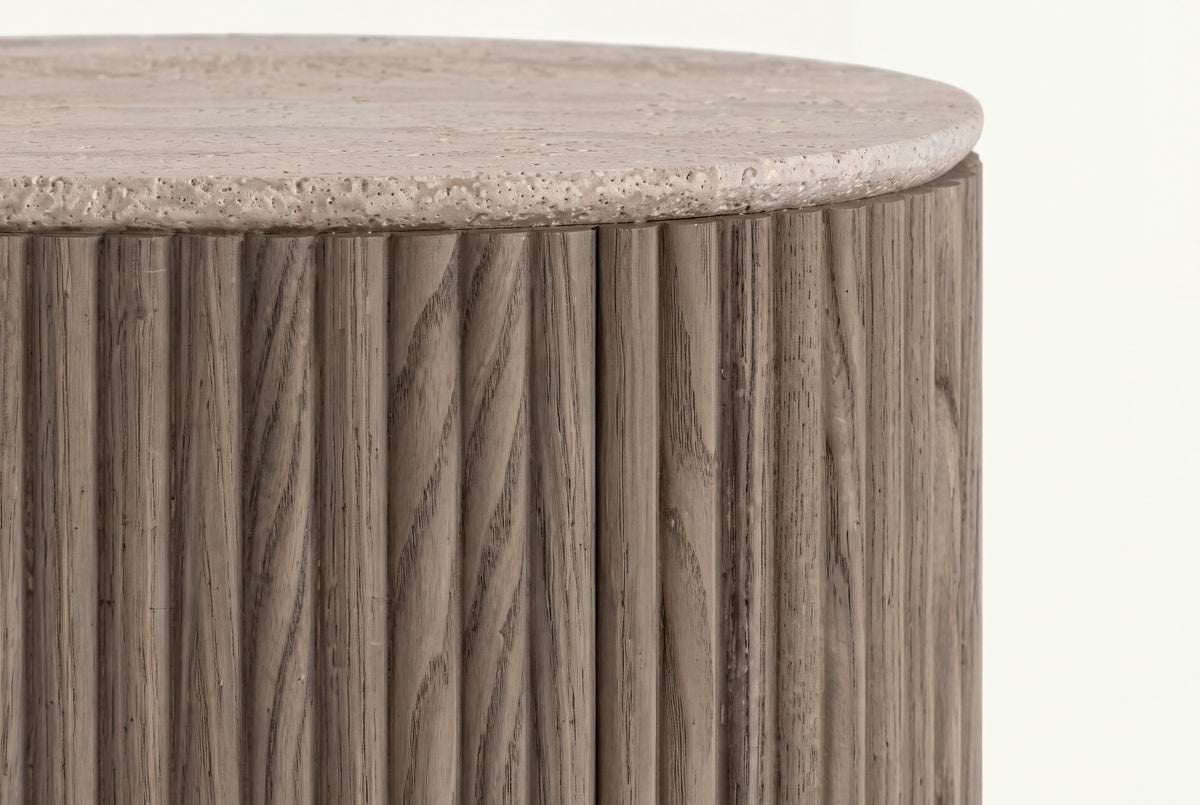 The Spello Fluted Travertine Bedside Table, fluting and travertine top detail