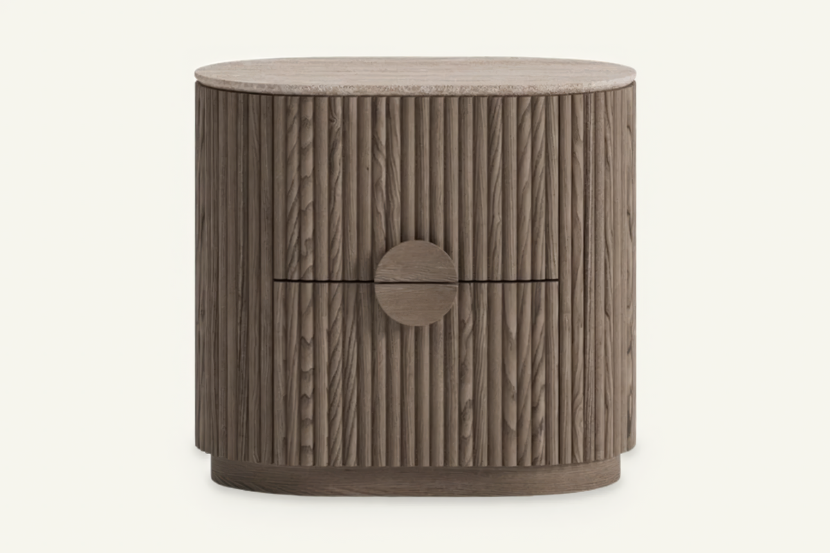 The Spello Fluted Travertine Bedside Table, front view