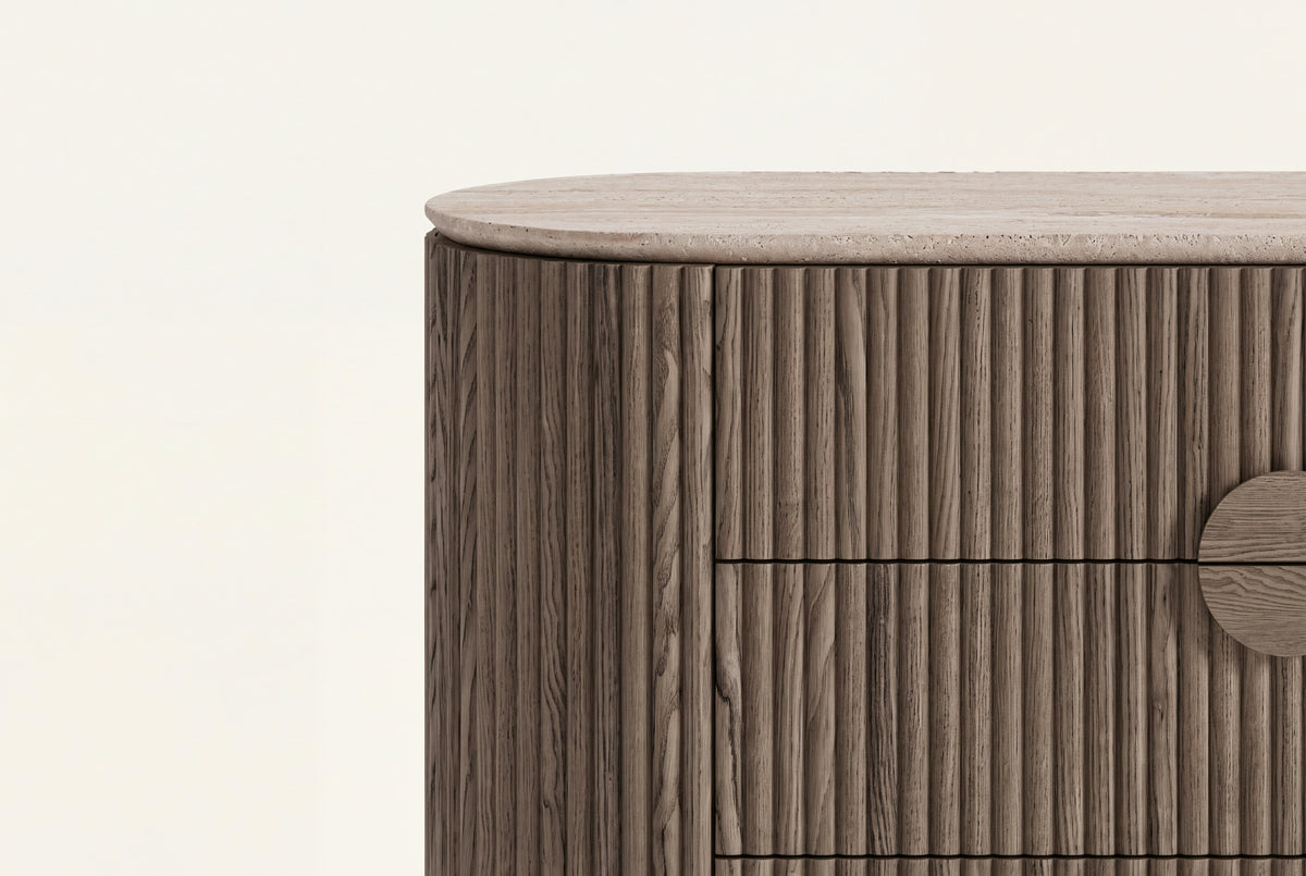 The Spello Fluted Travertine Chest of Drawers, fluting and travertine top detail