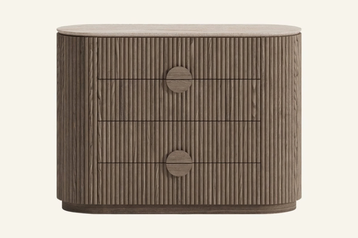 The Spello Fluted Travertine Chest of Drawers, front view