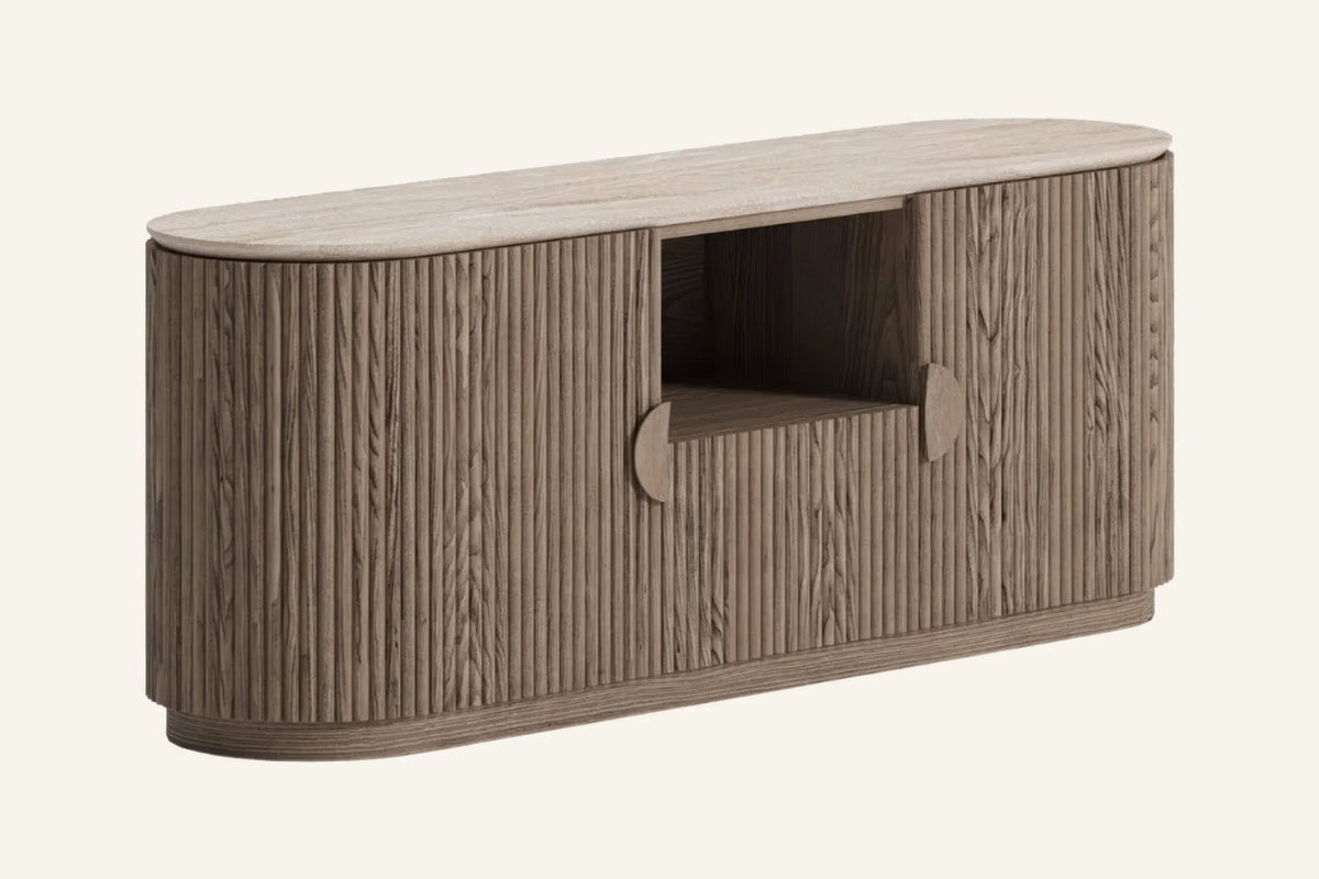 The Spello Fluted Travertine Sideboard, angled view