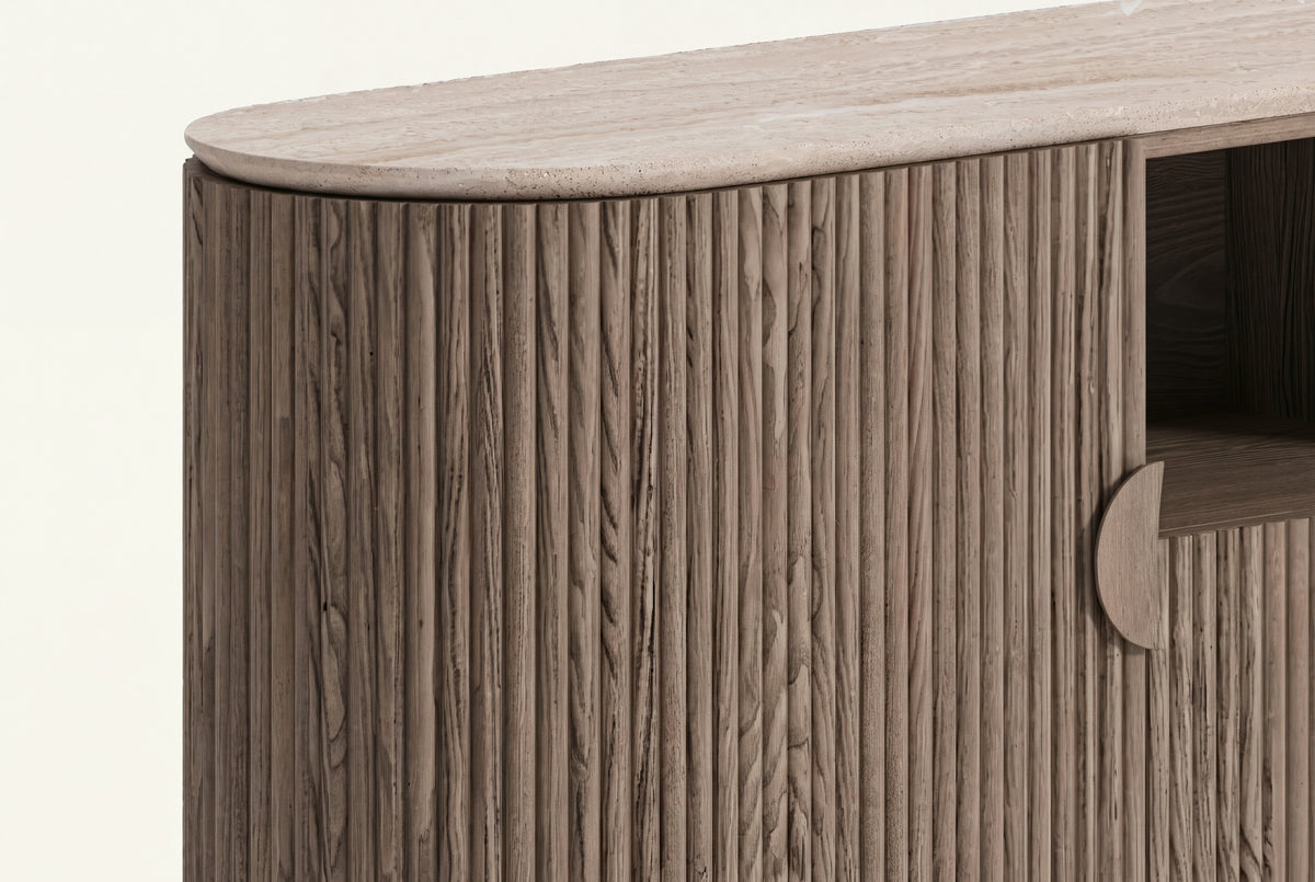 The Spello Fluted Travertine Sideboard, fluted edge and travertine top detail