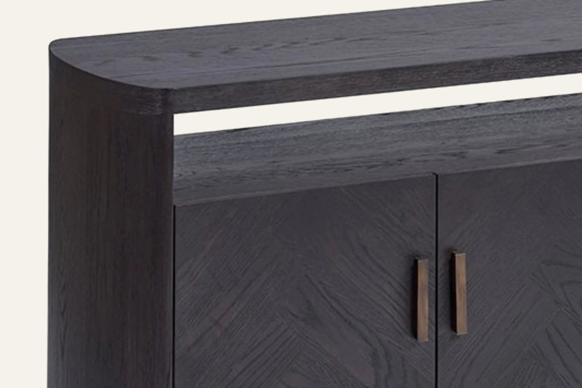 The Todi Herringbone Sideboard, herringbone doors, top and rounded end detail