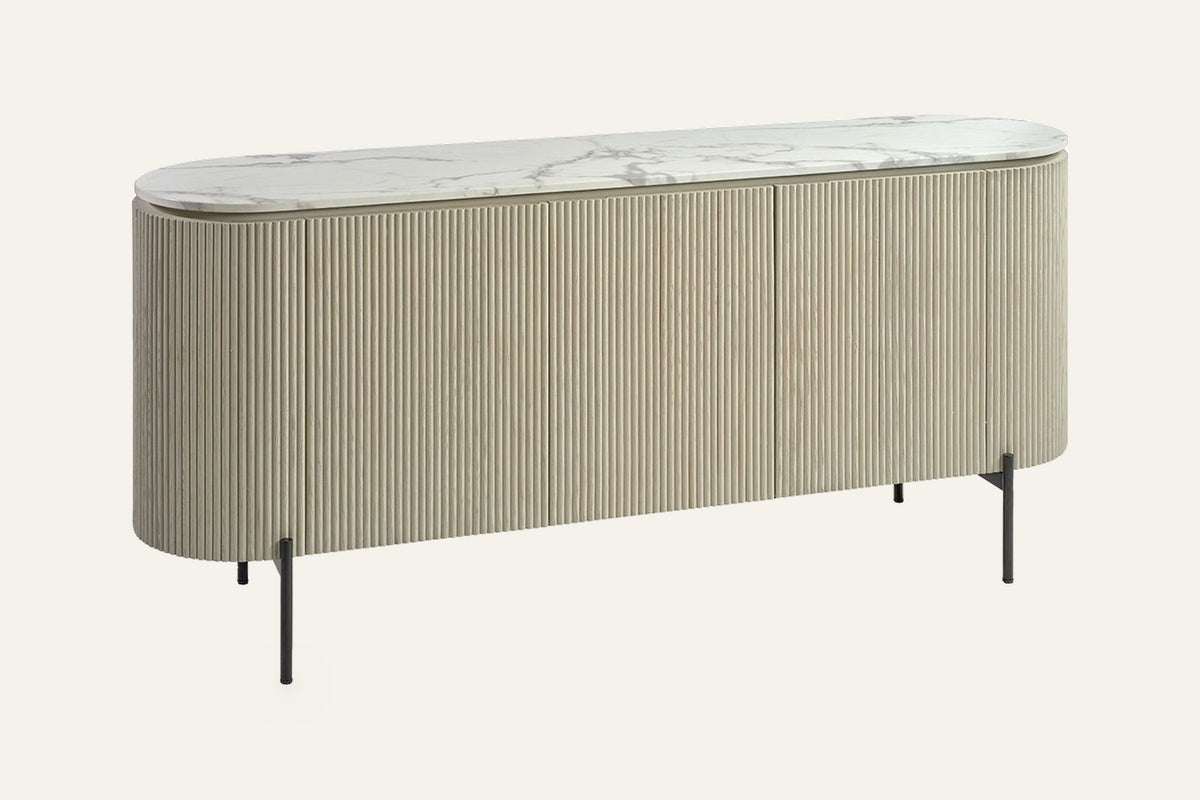 The Urbino Slatted Stone Sideboard, angled view