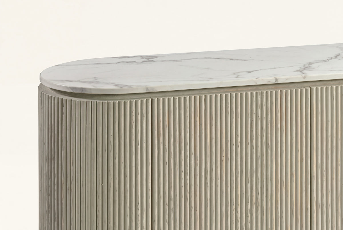 The Urbino Slatted Stone Sideboard, rounded end and stone top detail