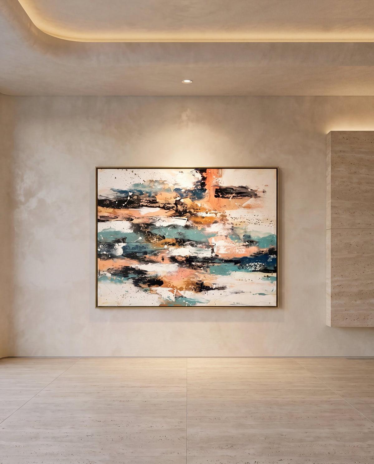 Toranza canvas artwork in a gold frame on a plaster wall