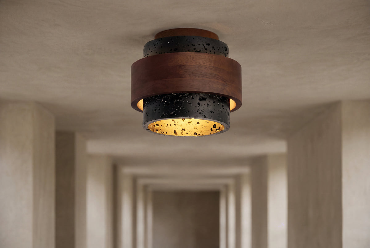 The Torre Travertine Flush Ceiling Light, lifestyle close-up