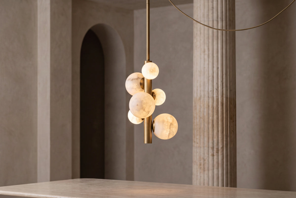 The Totem Alabaster Pendant Light, lifestyle close-up