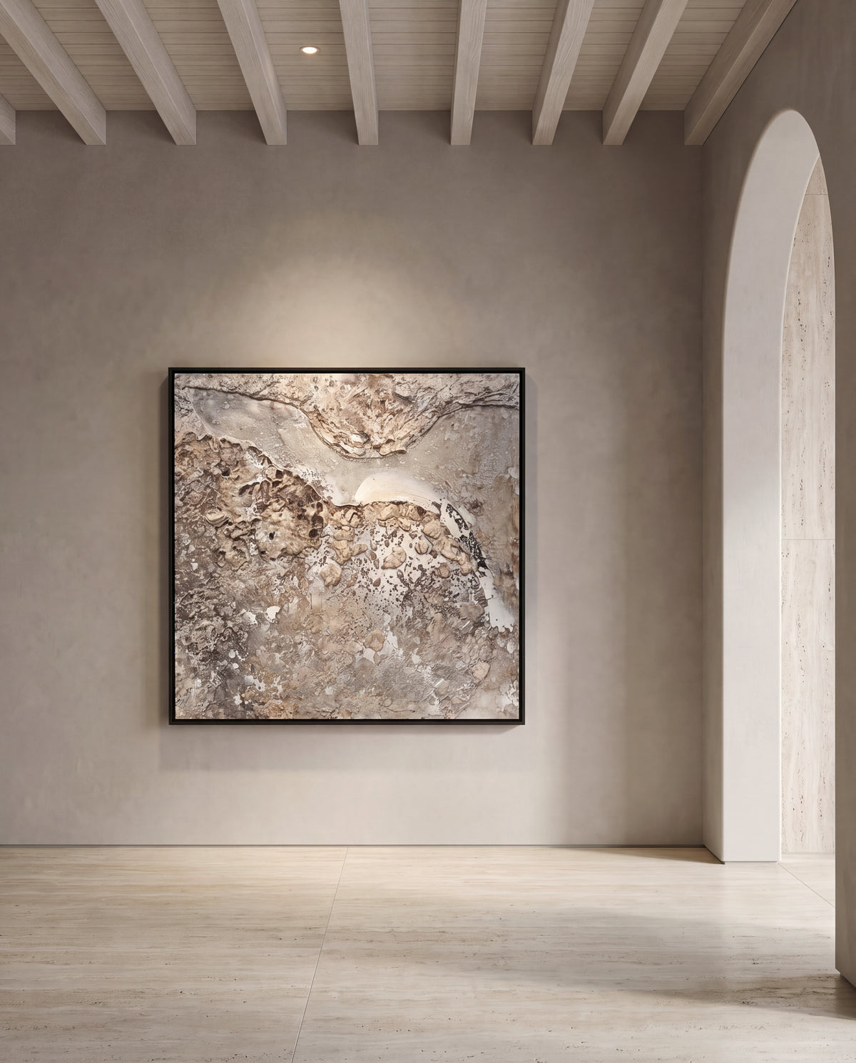 Tramonti canvas artwork in a black frame on a plaster wall