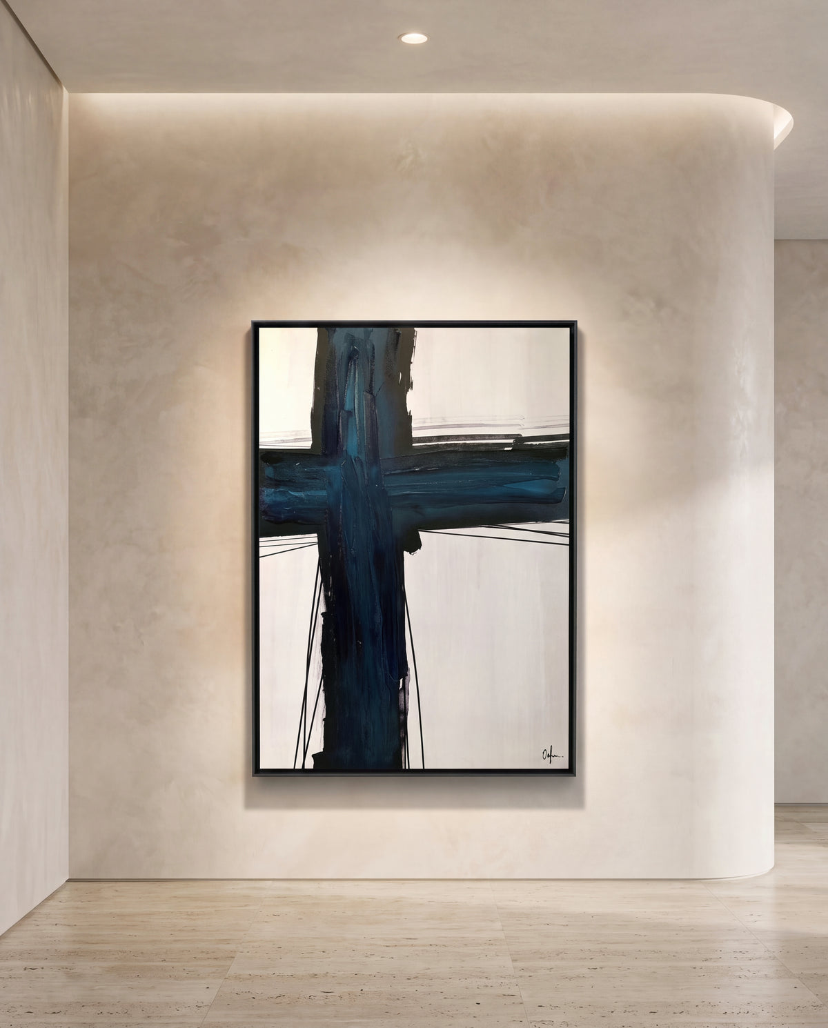 Traverse 1 canvas artwork in a black frame on a plaster wall