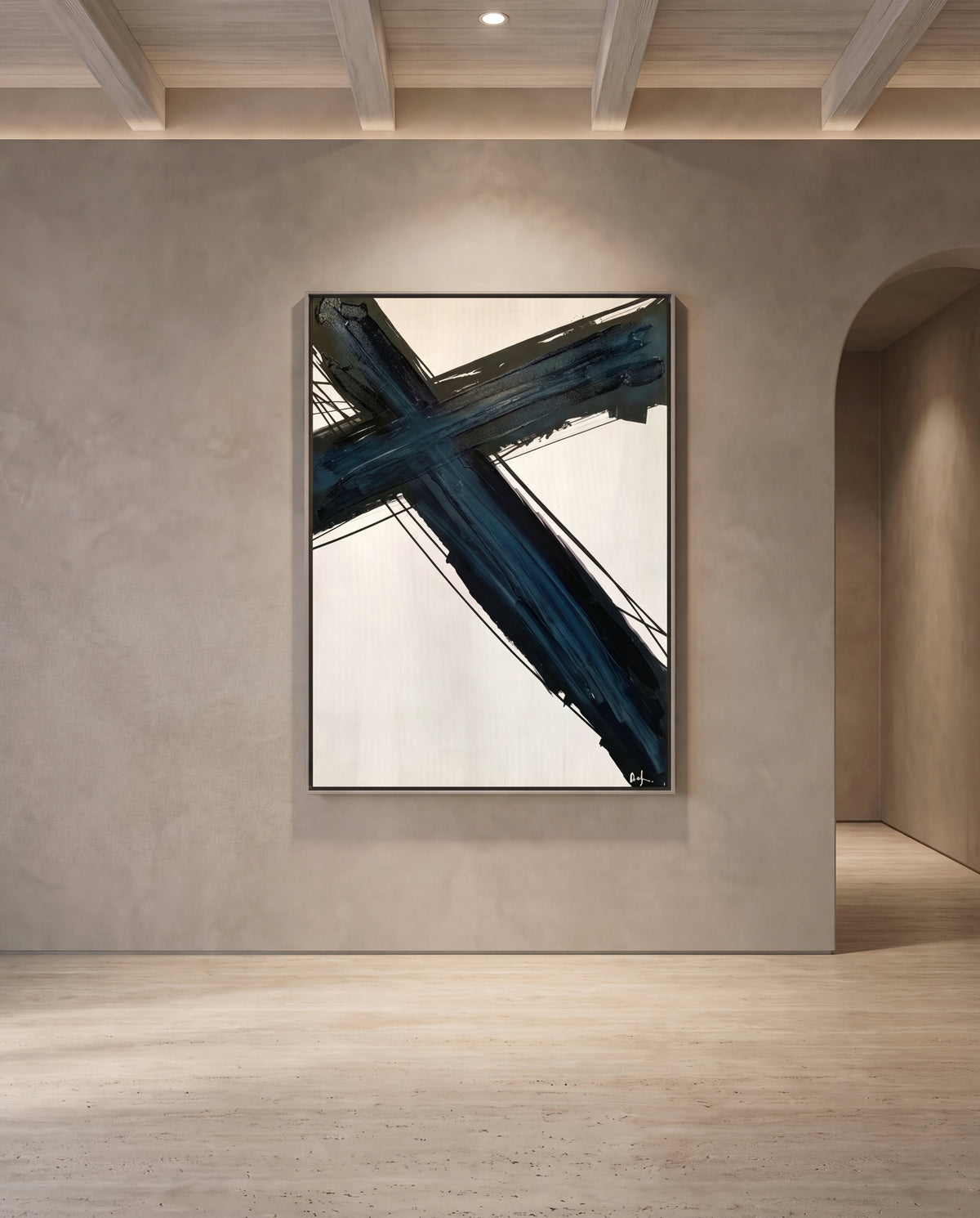 Traverse 2 canvas artwork in a silver frame on a plaster wall
