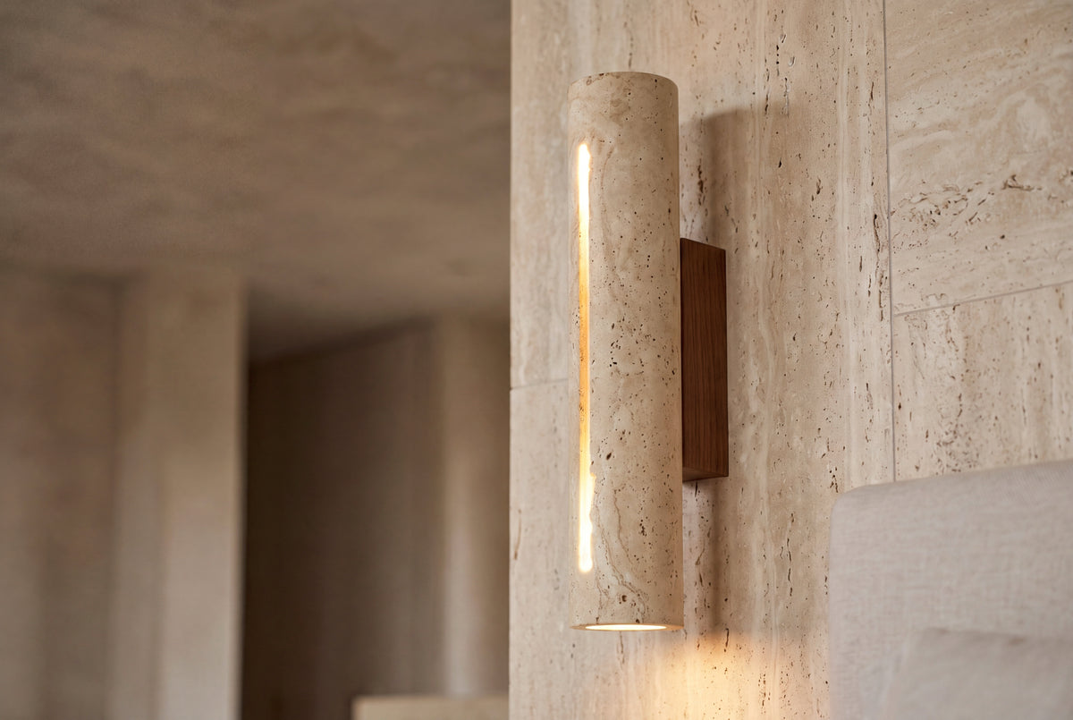 The Tronco Travertine Wall Light, lifestyle close-up