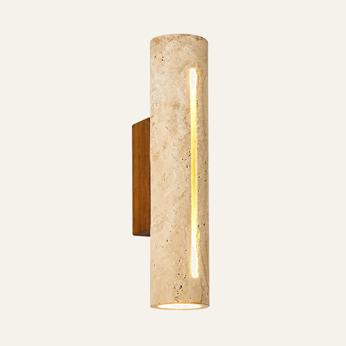 The Tronco travertine wall light with a walnut mount