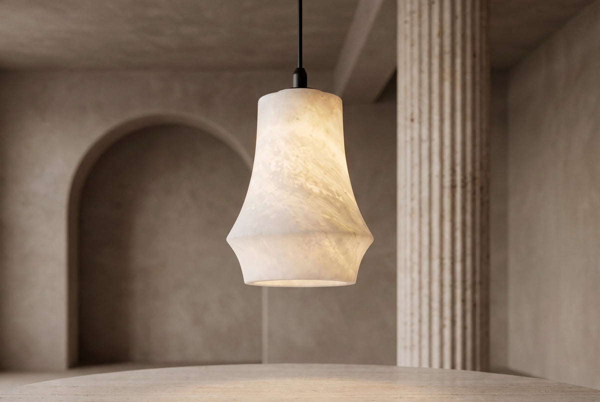 The Tulipe Alabaster Pendant Light, lifestyle close-up