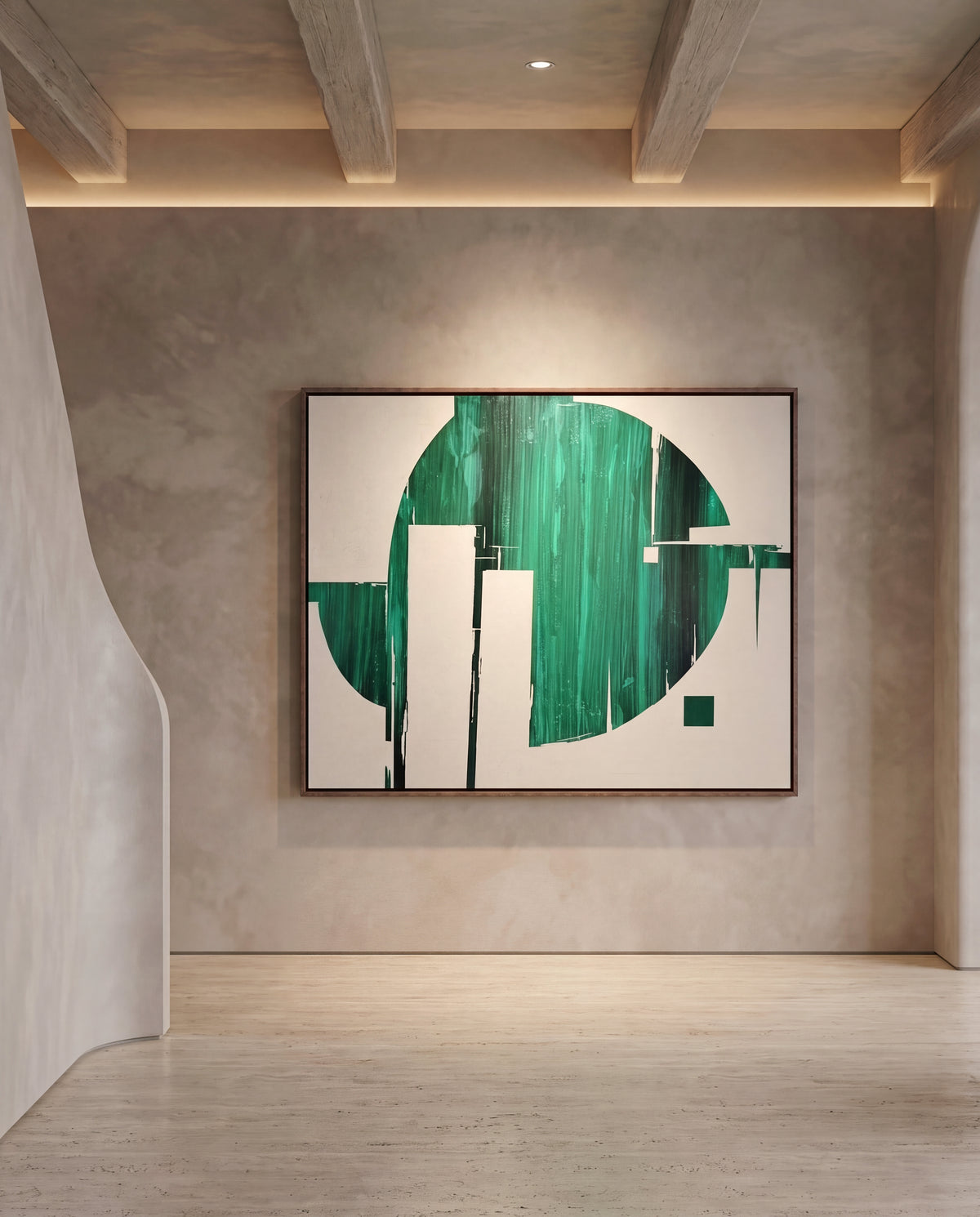 Valverde canvas artwork in a walnut frame on a plaster wall