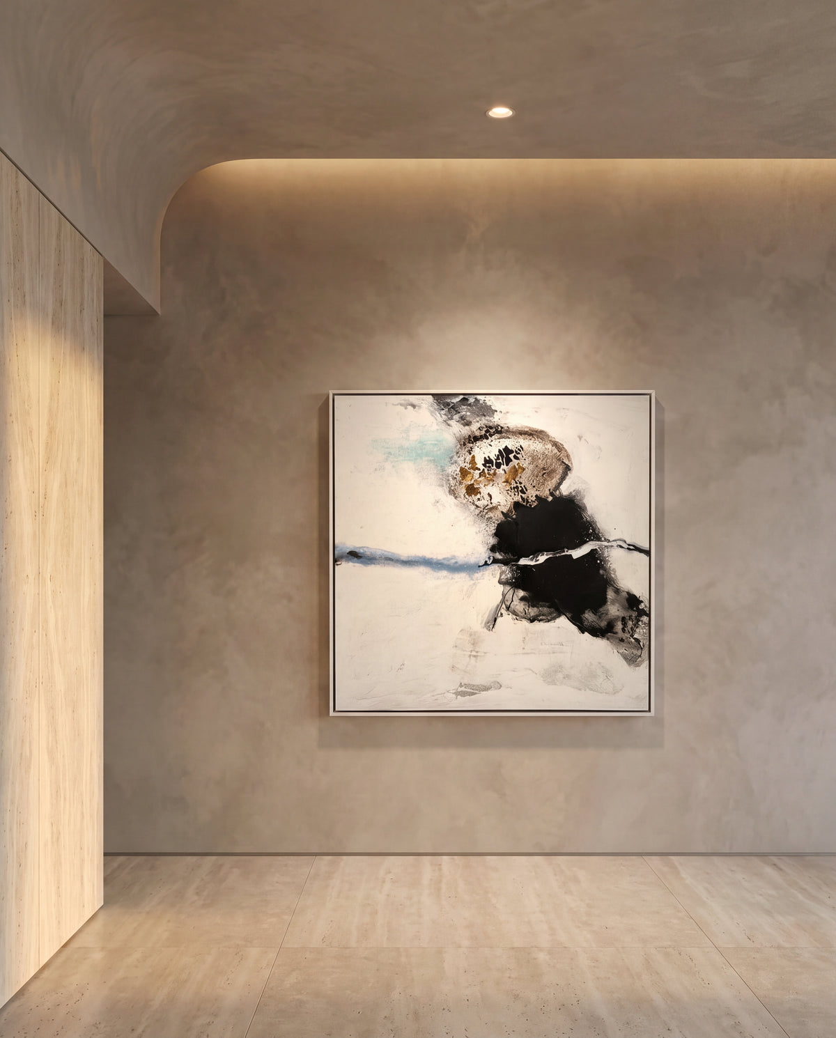 Varnen canvas artwork in a white frame on a plaster wall