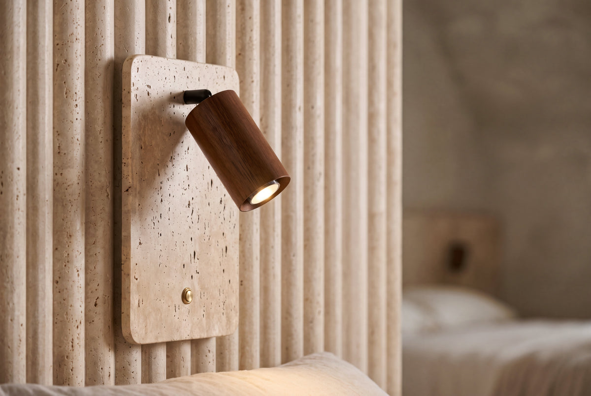The Vassoio Travertine Wall Light, lifestyle close-up