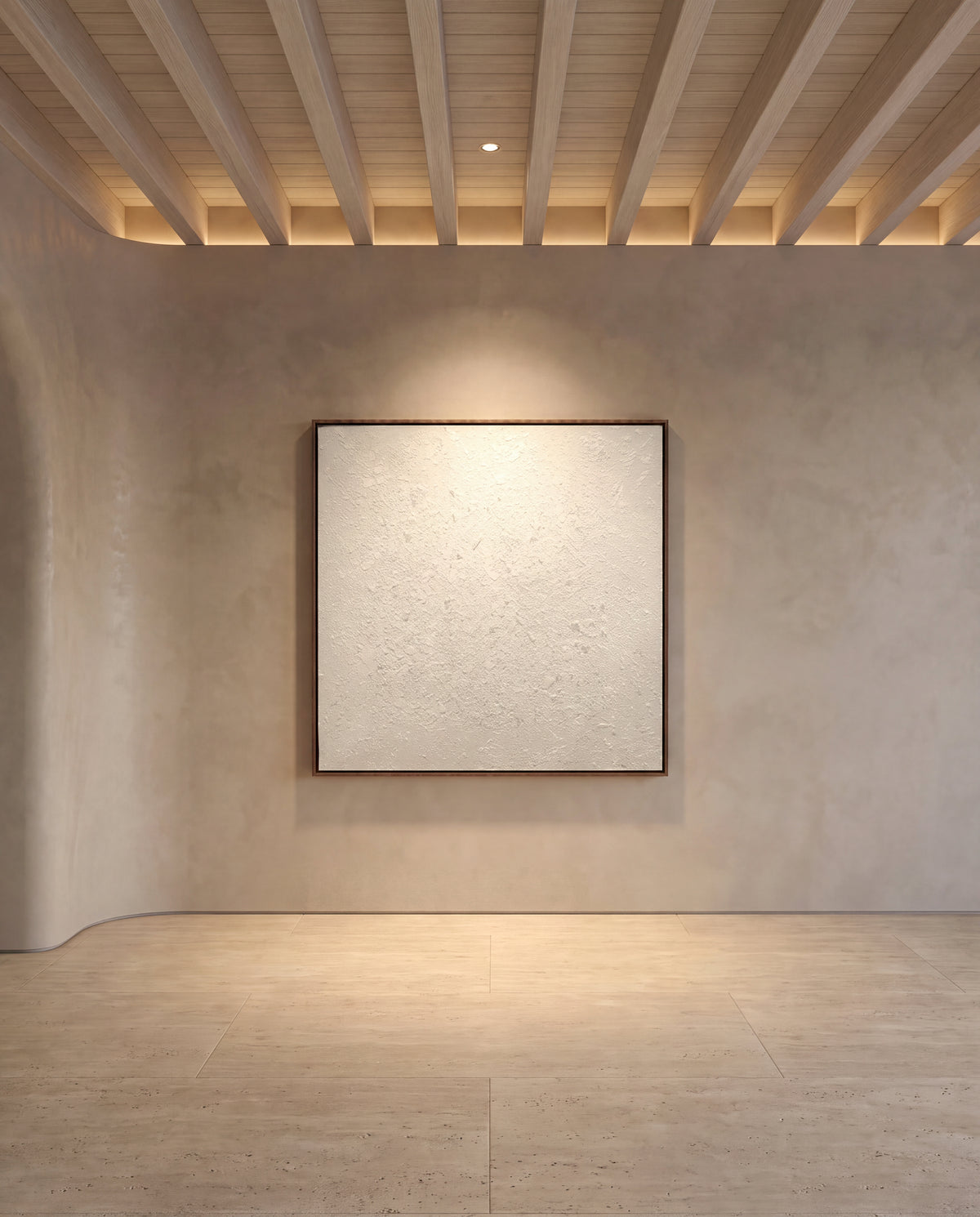 Vellin canvas artwork in a walnut frame on a plaster wall