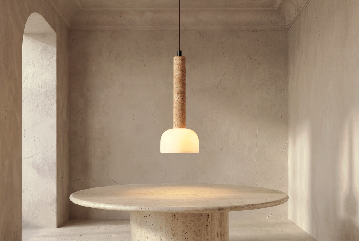 The Velo Travertine Pendant Light, lifestyle close-up