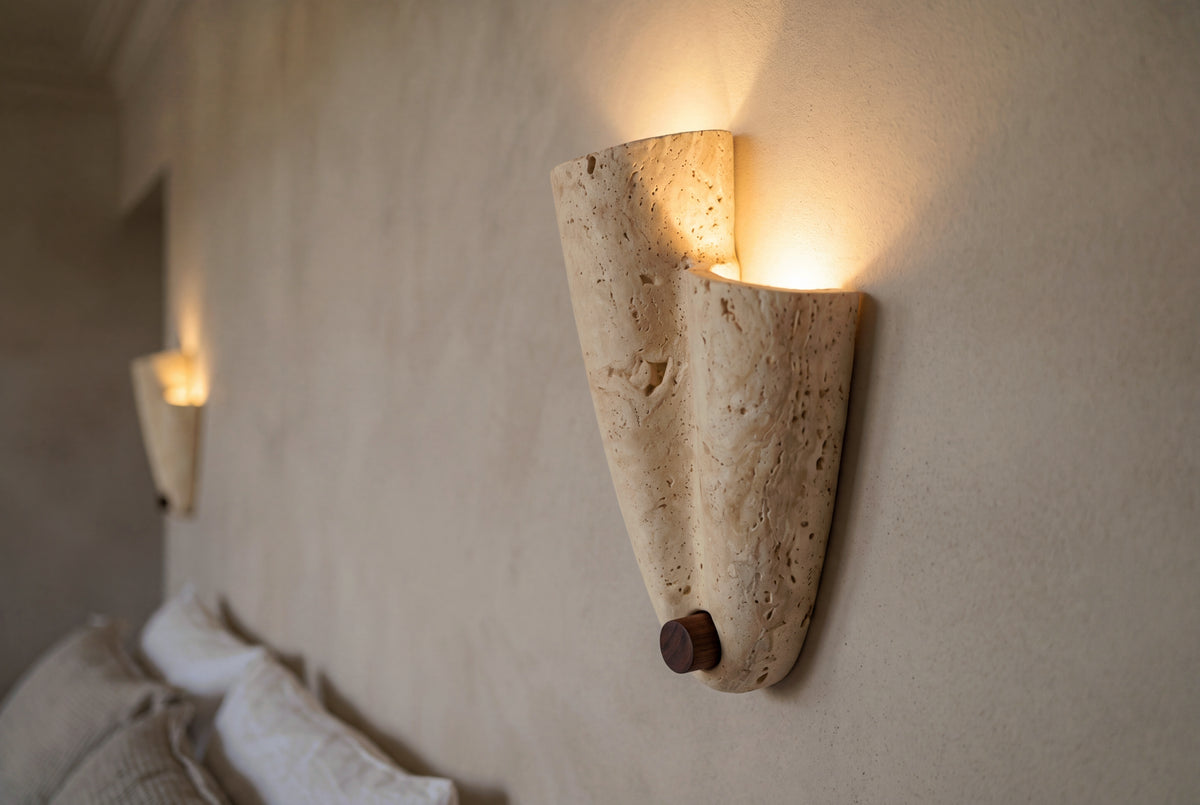 The Ventaglio Travertine Wall Light, lifestyle close-up