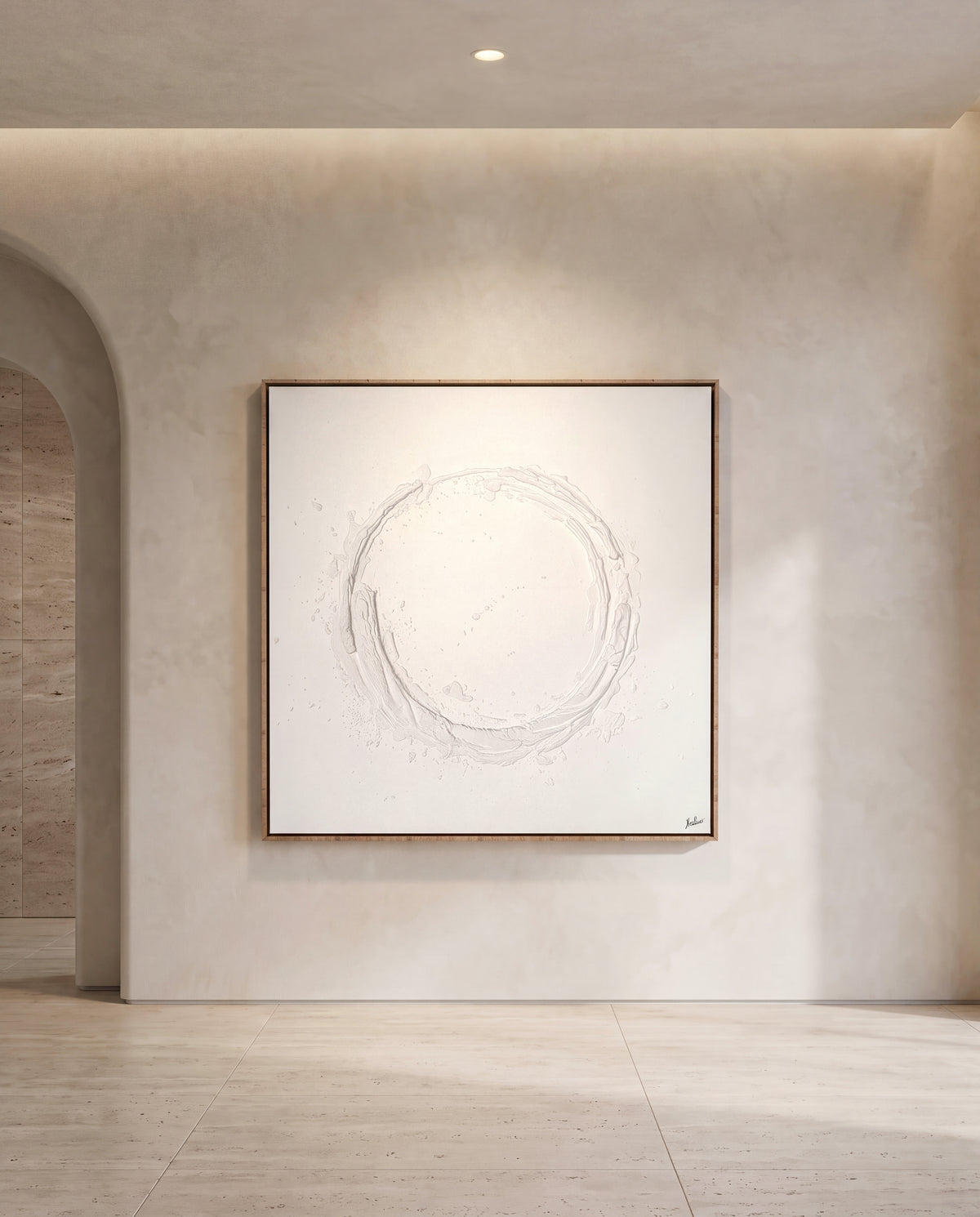 Vesari canvas artwork in an oak frame on a plaster wall