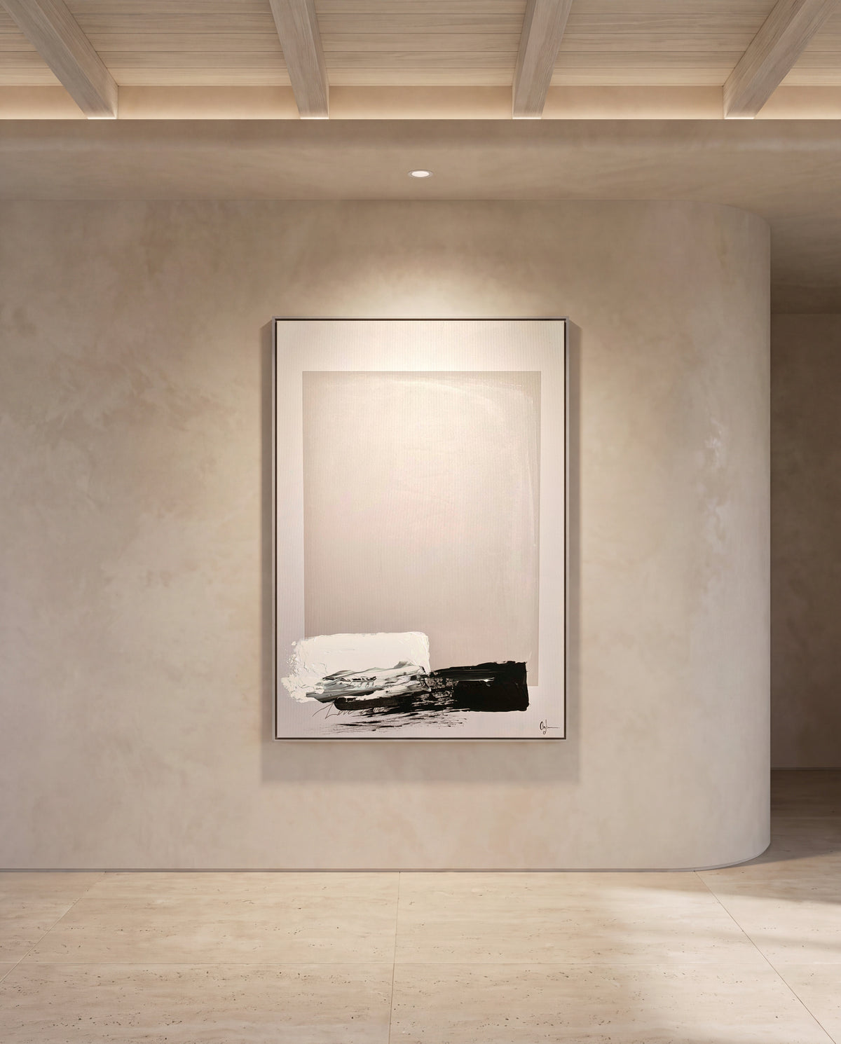 Vesso 2 canvas artwork in a silver frame on a plaster wall