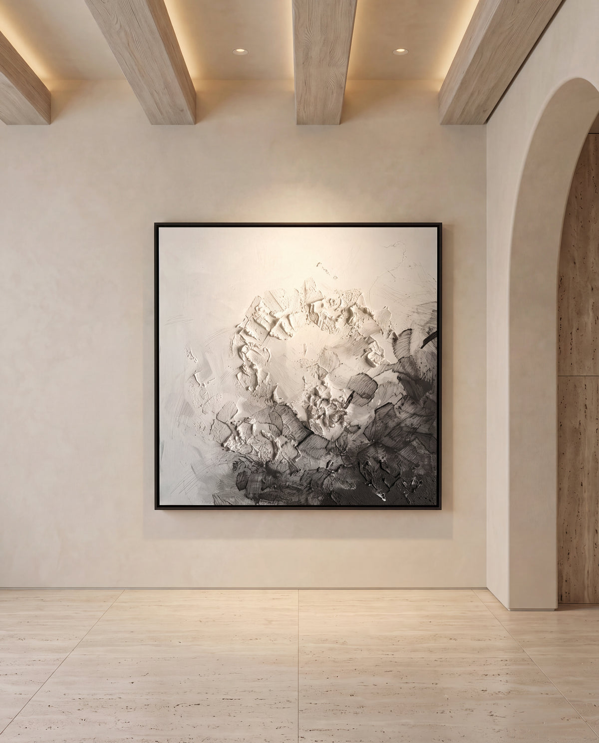 Vestige canvas artwork in a black frame on a plaster wall