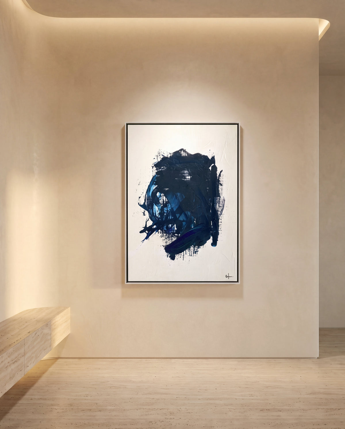 Vetra 1 Ink-blue canvas artwork in a white frame on a plaster wall