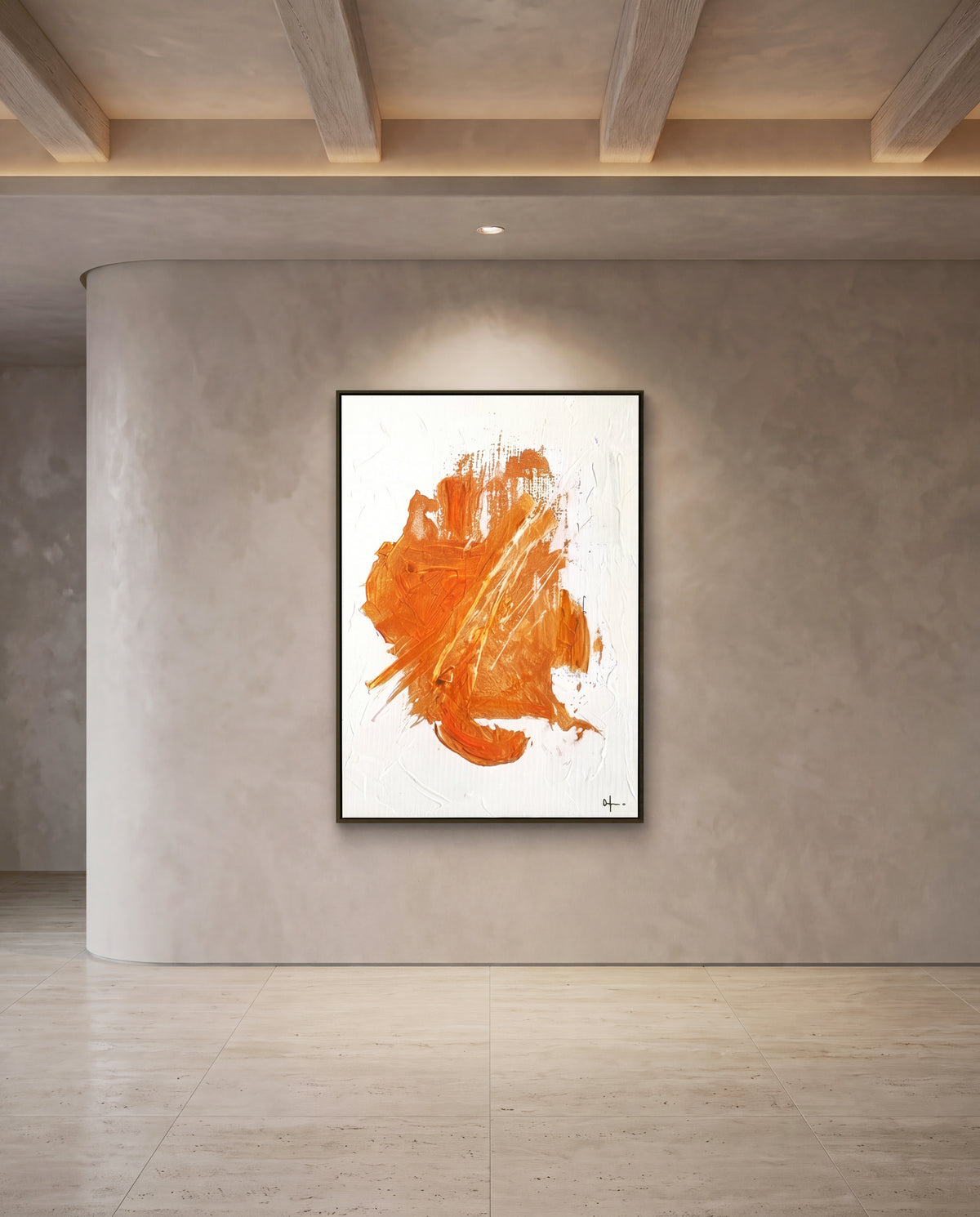 Vetra 2 Orange-gold canvas artwork in a gold frame on a plaster wall