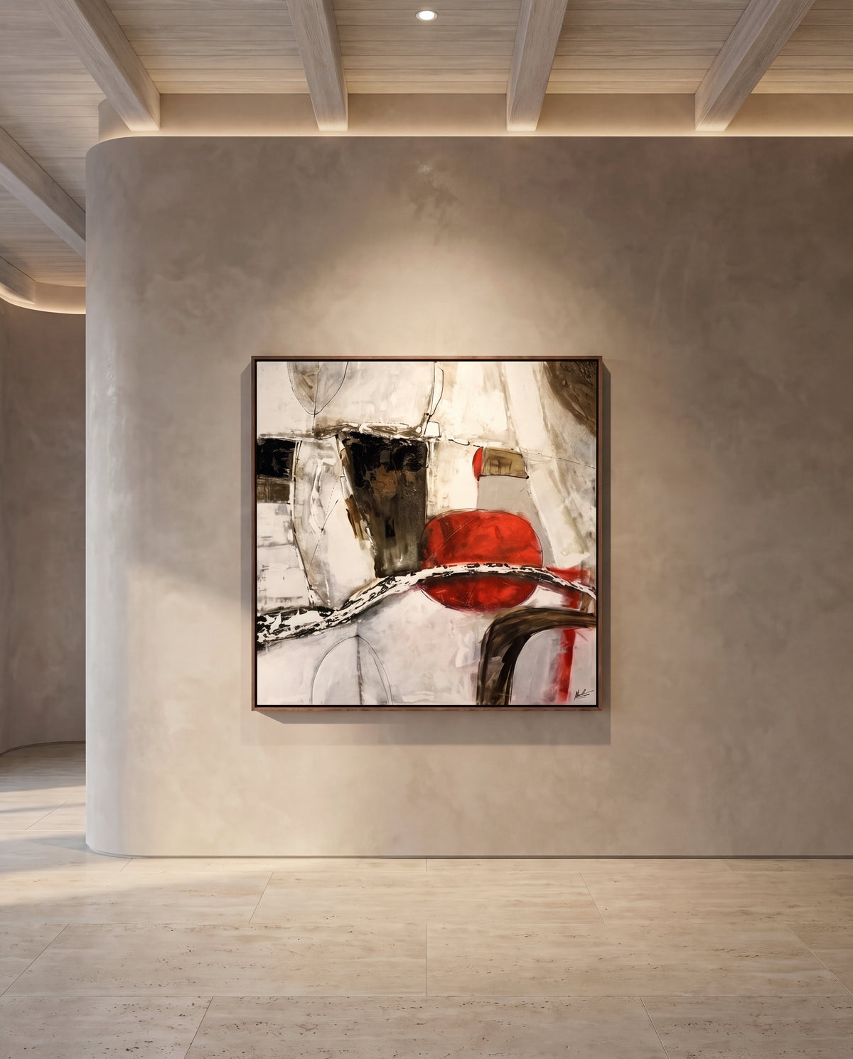 Via Ferro canvas artwork in a walnut frame on a plaster wall