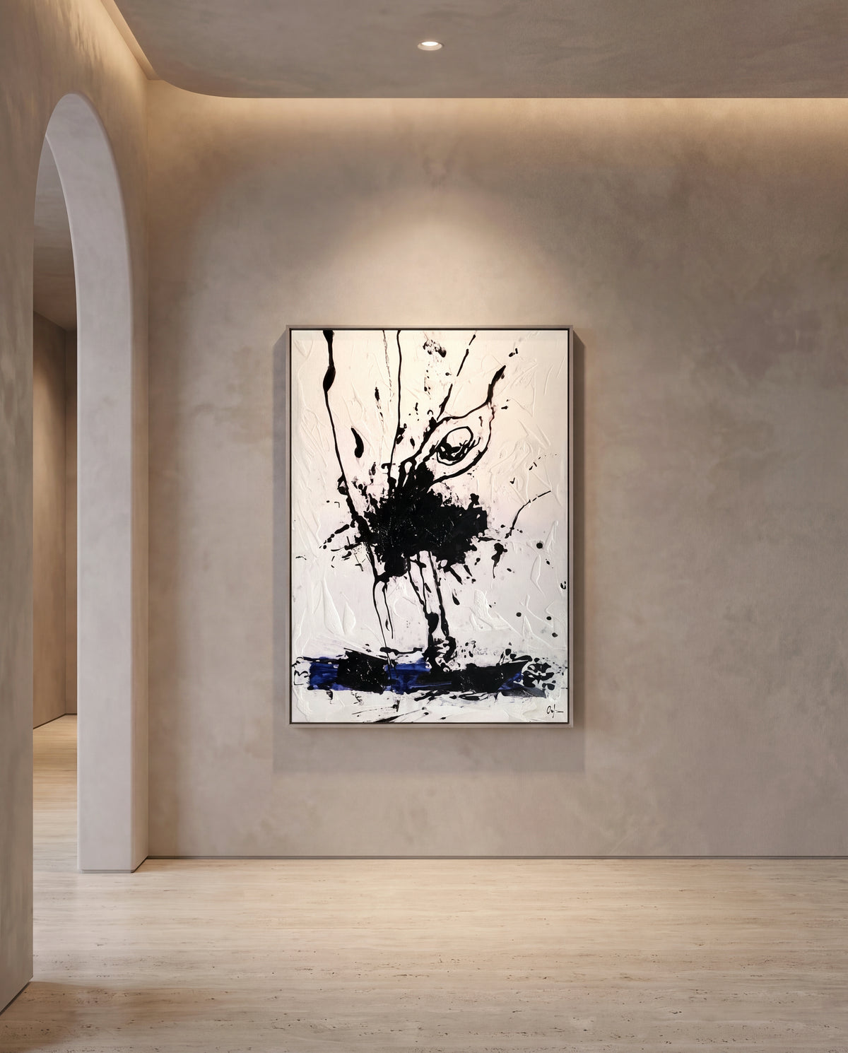 Vortice 1 canvas artwork in a silver frame on a plaster wall